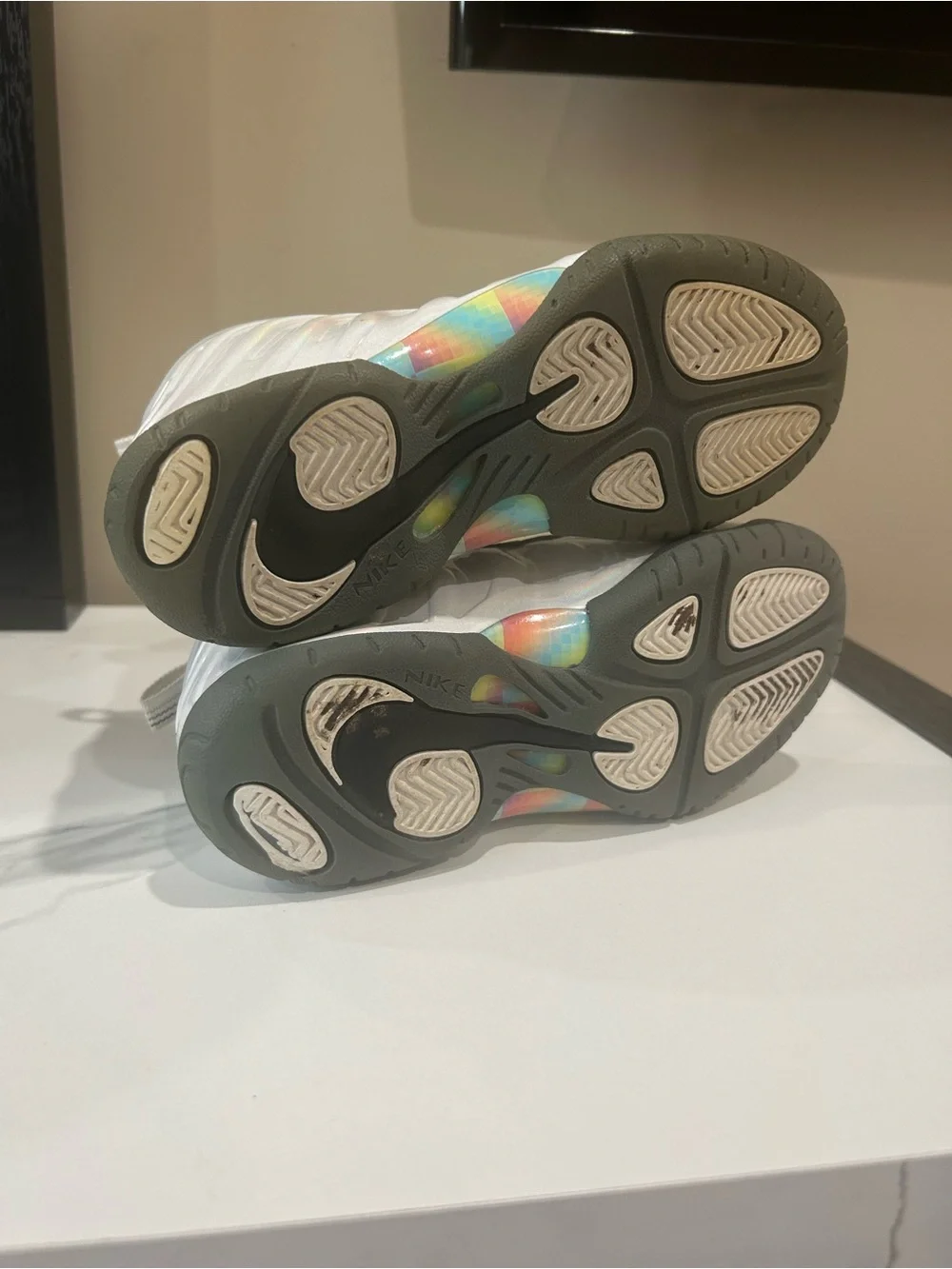 Nike Little Posite One Foamposite Kids 1Y Iridescent White Grey Sneakers